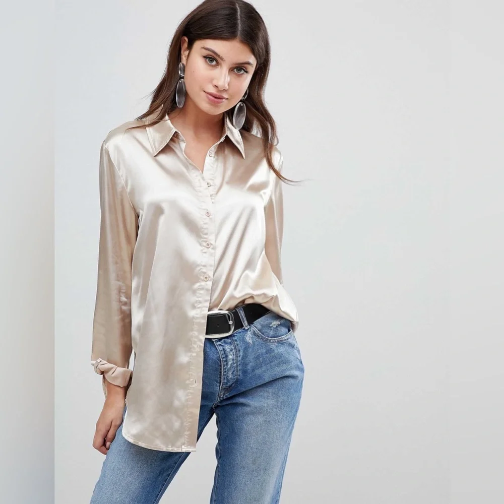 PrettyLittleThing Satin Effect Button Down Blouse In Champagne Size Medium - Picture 1 of 14